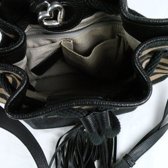 RARE Brighton Alder Black & Taupe Striped Leather Tassel Shoulder Crossbody Bag - Picture 10 of 10